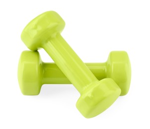 Photo of Light green dumbbells isolated on white. Sports equipment