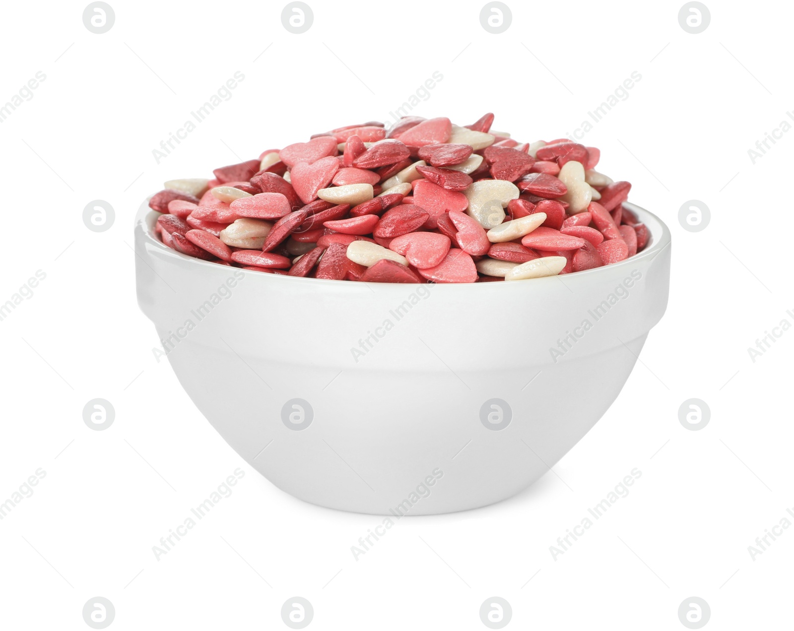 Photo of Bright heart shaped sprinkles in bowl isolated on white