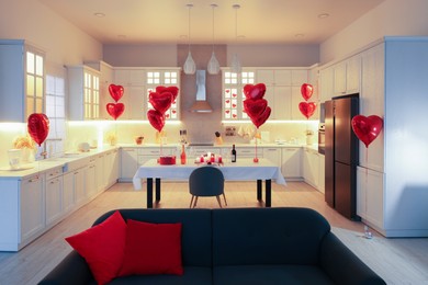 Romantic atmosphere. Cosy kitchen with set table decorated for Valentine day