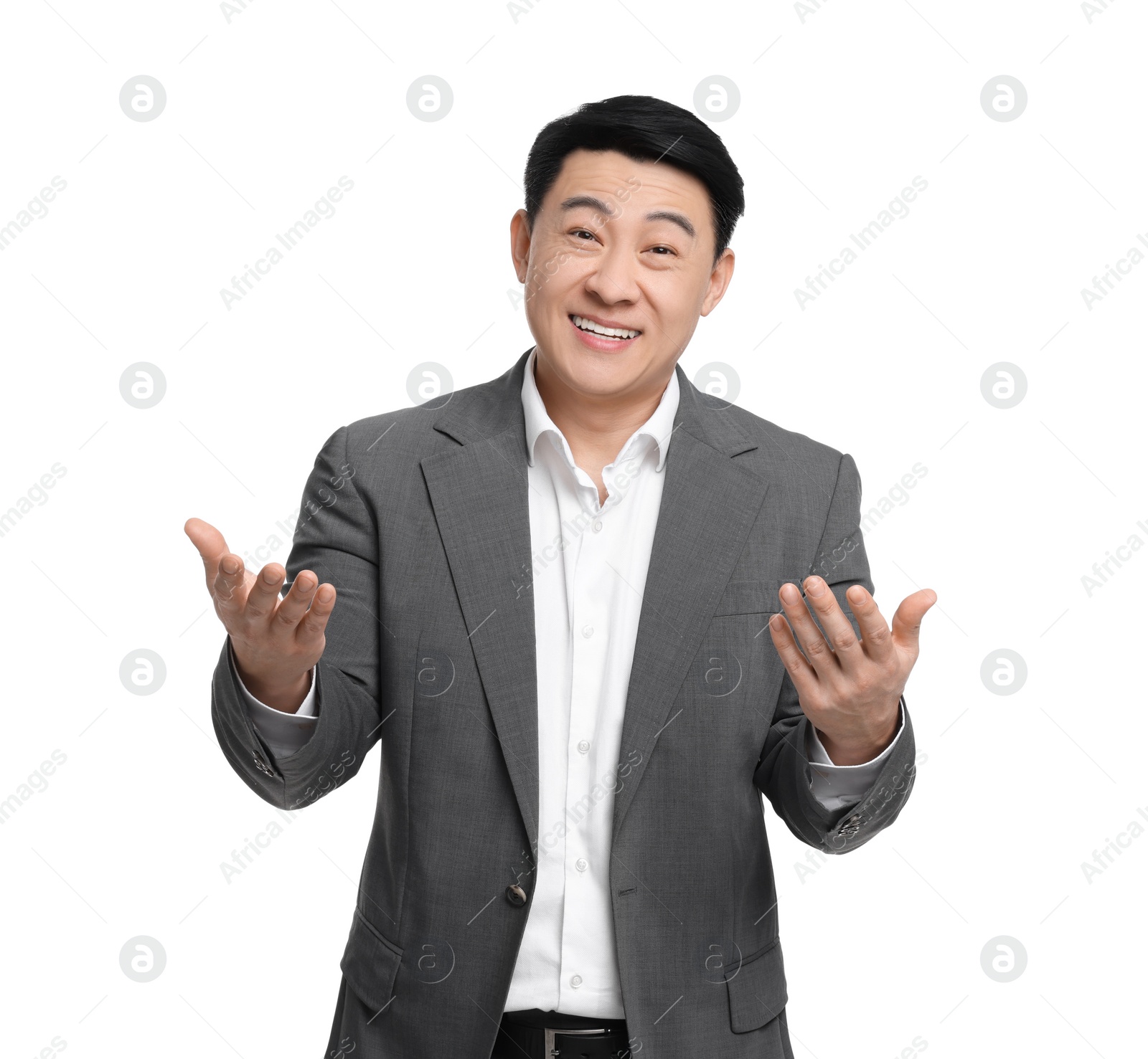 Photo of Businessman in suit posing on white background