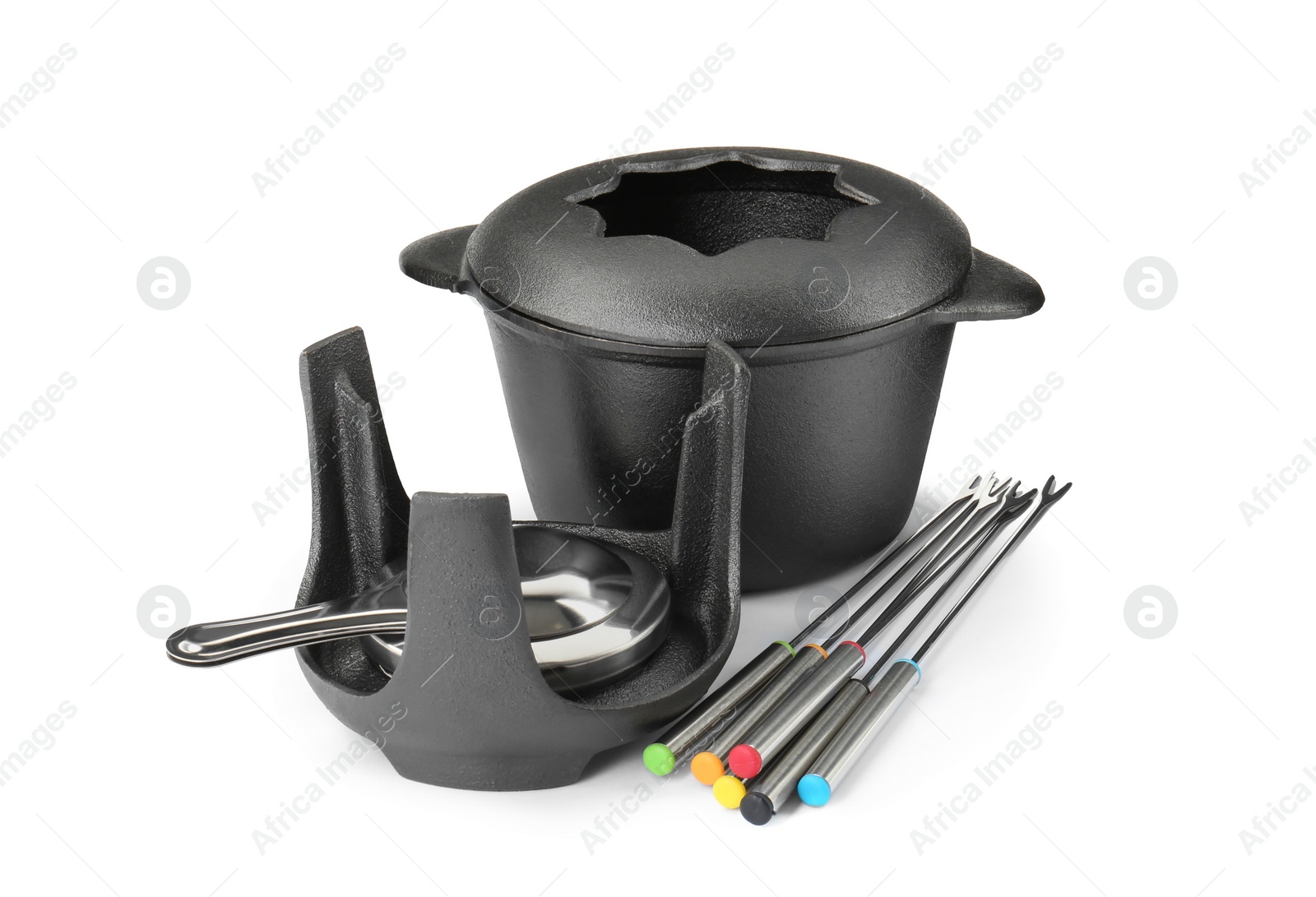 Photo of Fondue set isolated on white. Cooking utensils