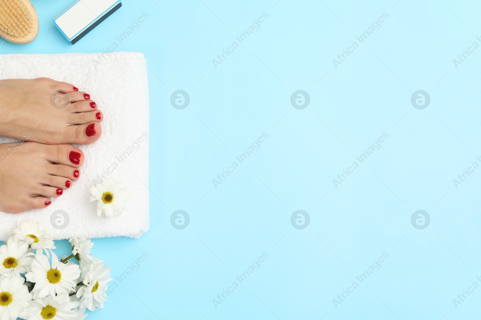 Photo of Woman with stylish red toenails after pedicure procedure and chamomile flowers on light blue background, top view. Space for text