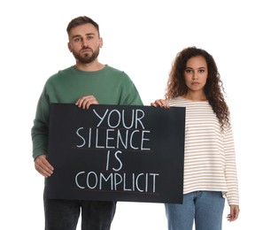 Photo of Young man and African American woman holding signs on white background. Racism concept