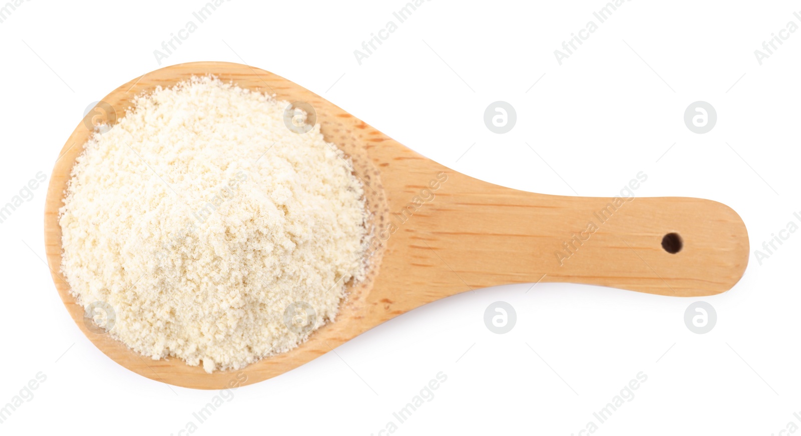 Photo of Wooden spoon with quinoa flour on white background, top view