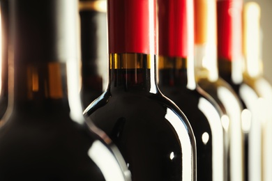 Photo of Bottles with delicious wine, closeup. Professional sommelier