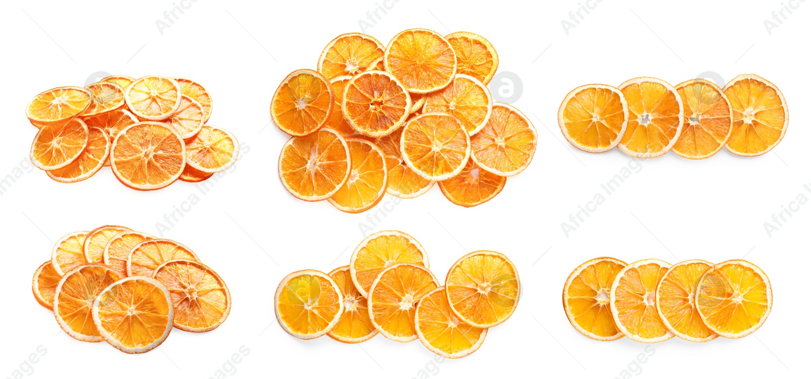 Image of Collage with dry orange slices on white background, banner design