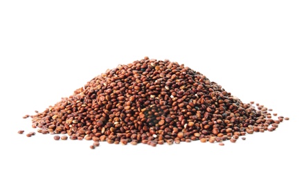 Photo of Pile of red quinoa on white background