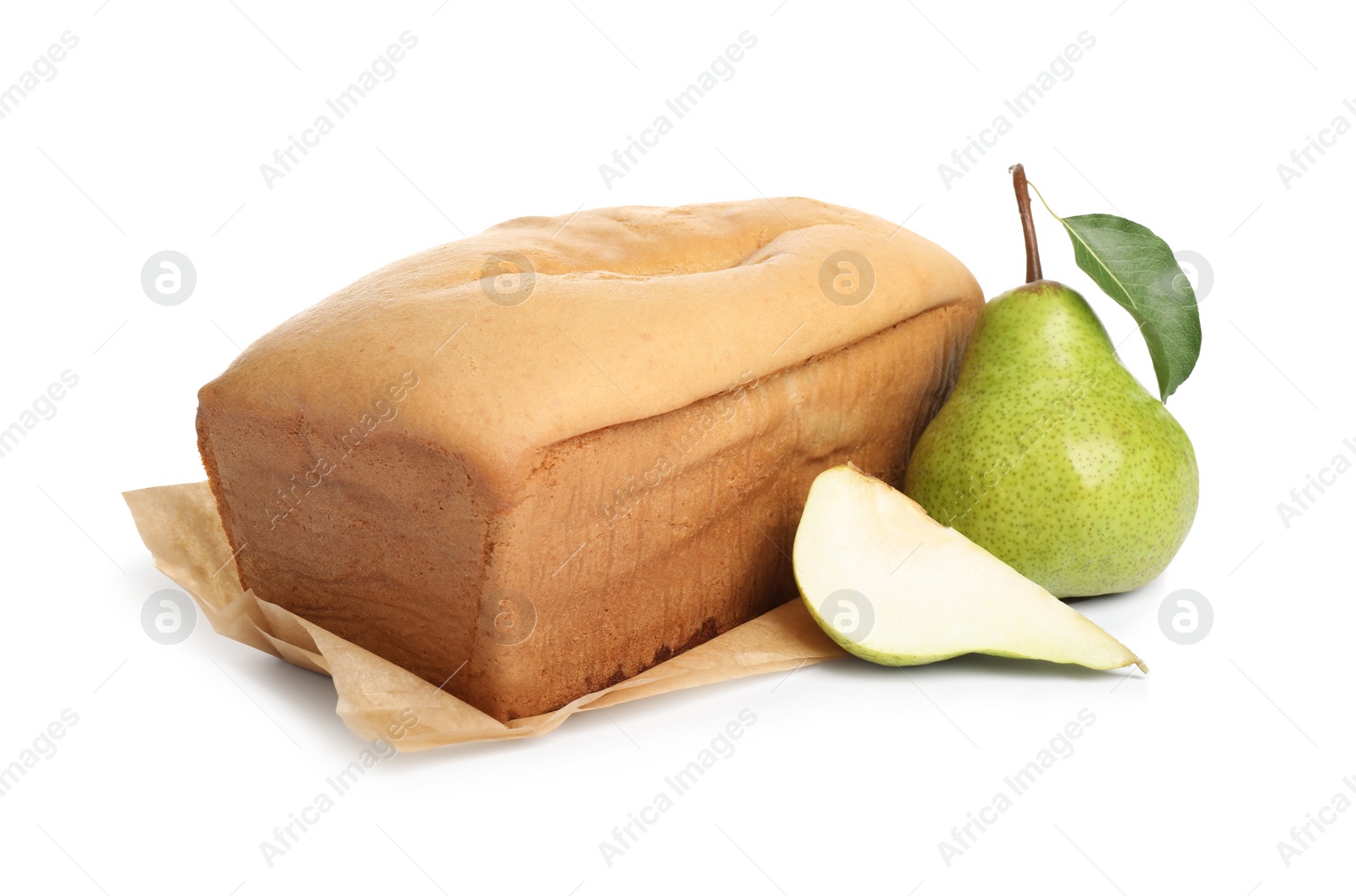 Photo of Tasty bread and pears isolated on white. Homemade cake