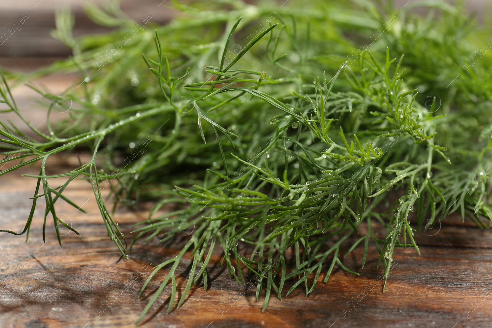 Photo of Fresh green dill with water drops on wooden table, closeup