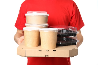 Photo of Courier with different containers on white background. Food delivery service