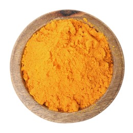 Aromatic saffron powder in bowl on white background, top view