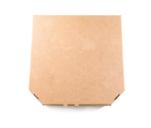 Cardboard pizza box on white background, top view. Food delivery