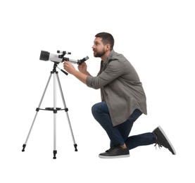 Focused astronomer with telescope on white background