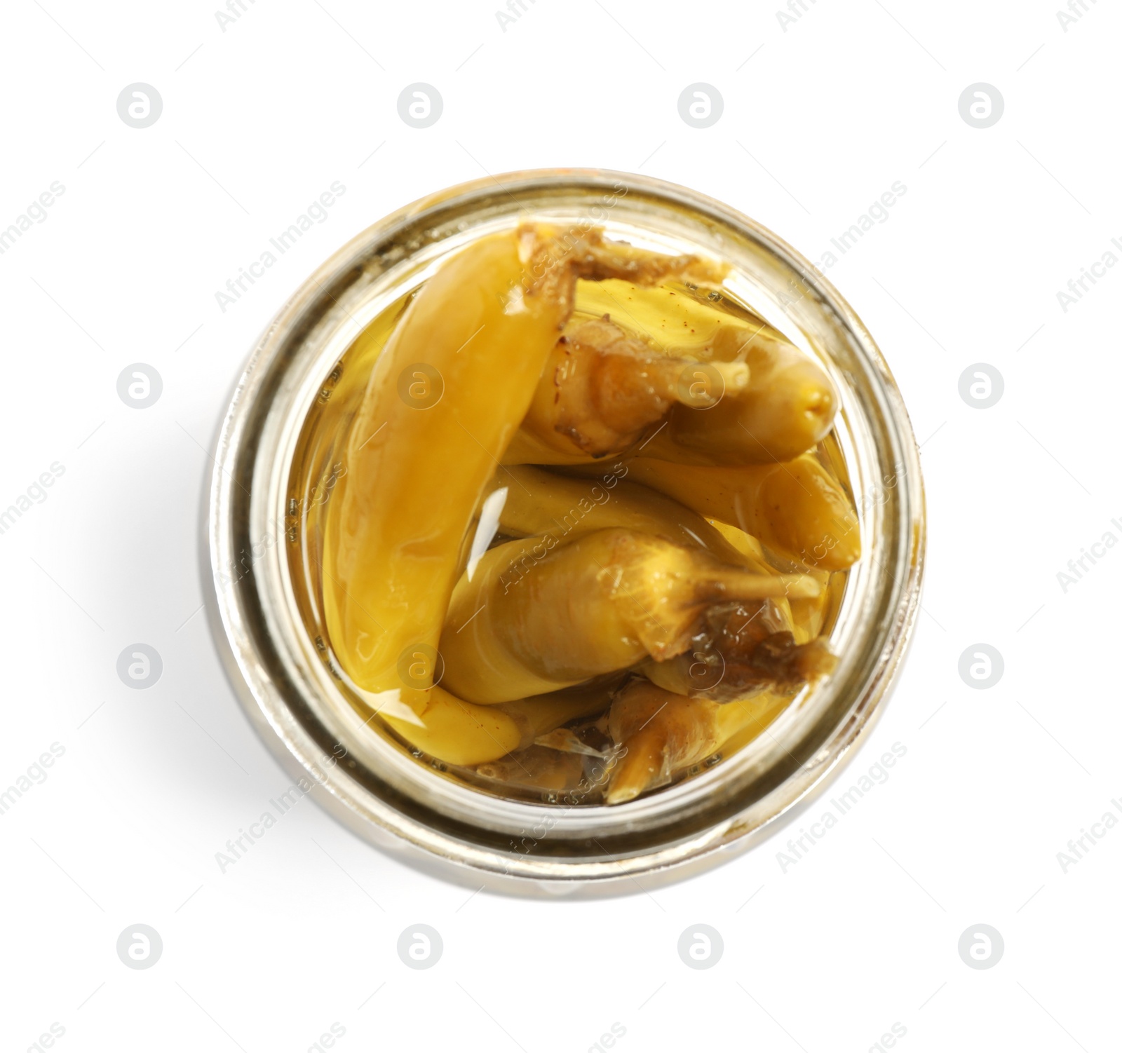 Photo of Glass jar with pickled peppers isolated on white, top view