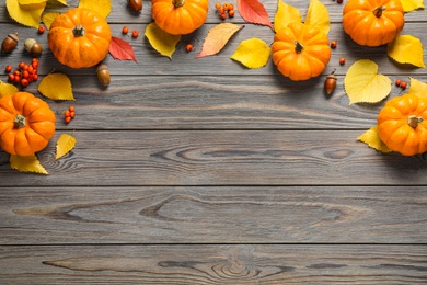 Photo of Flat lay composition with ripe pumpkins and autumn leaves on grey wooden table, space for text. Happy Thanksgiving day