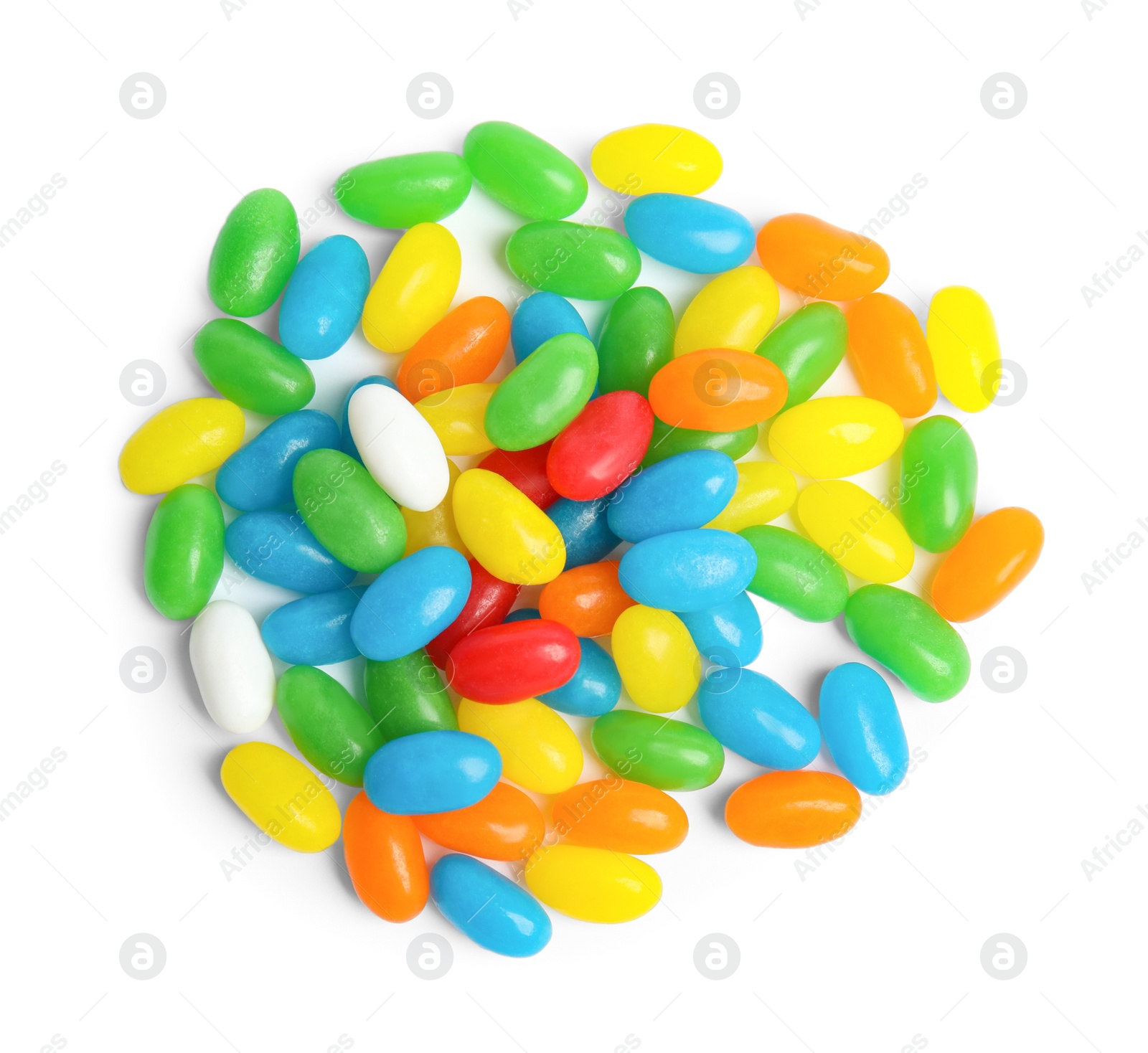 Photo of Delicious colorful jelly beans isolated on white, top view