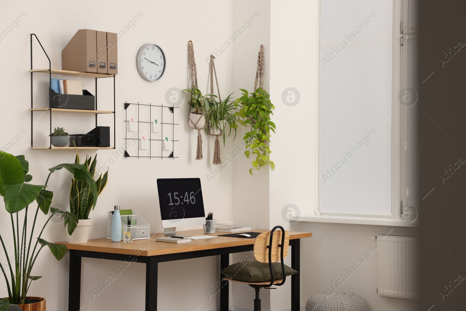 Photo of Cozy workplace with computer, modern furniture and houseplants at home