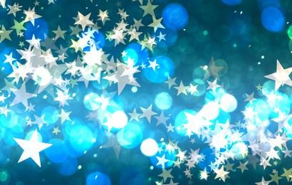 Many beautiful shimmering stars and blurred lights on turquoise background. Bokeh effect