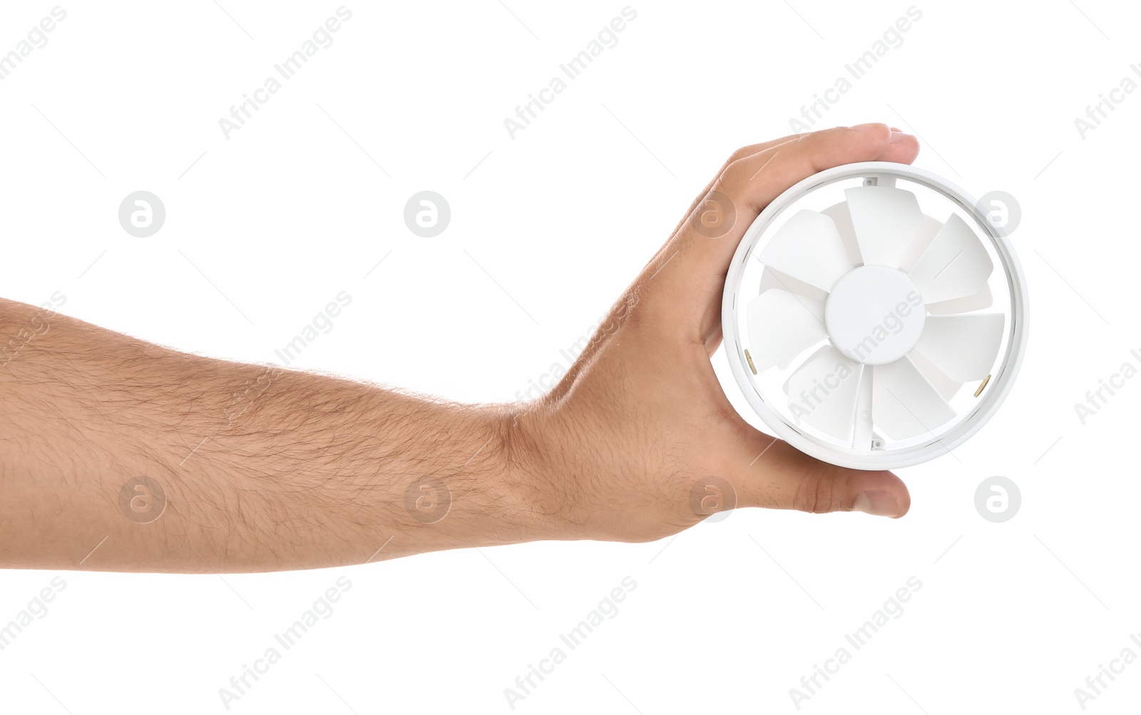 Photo of Man with portable fan on white background, closeup. Summer heat