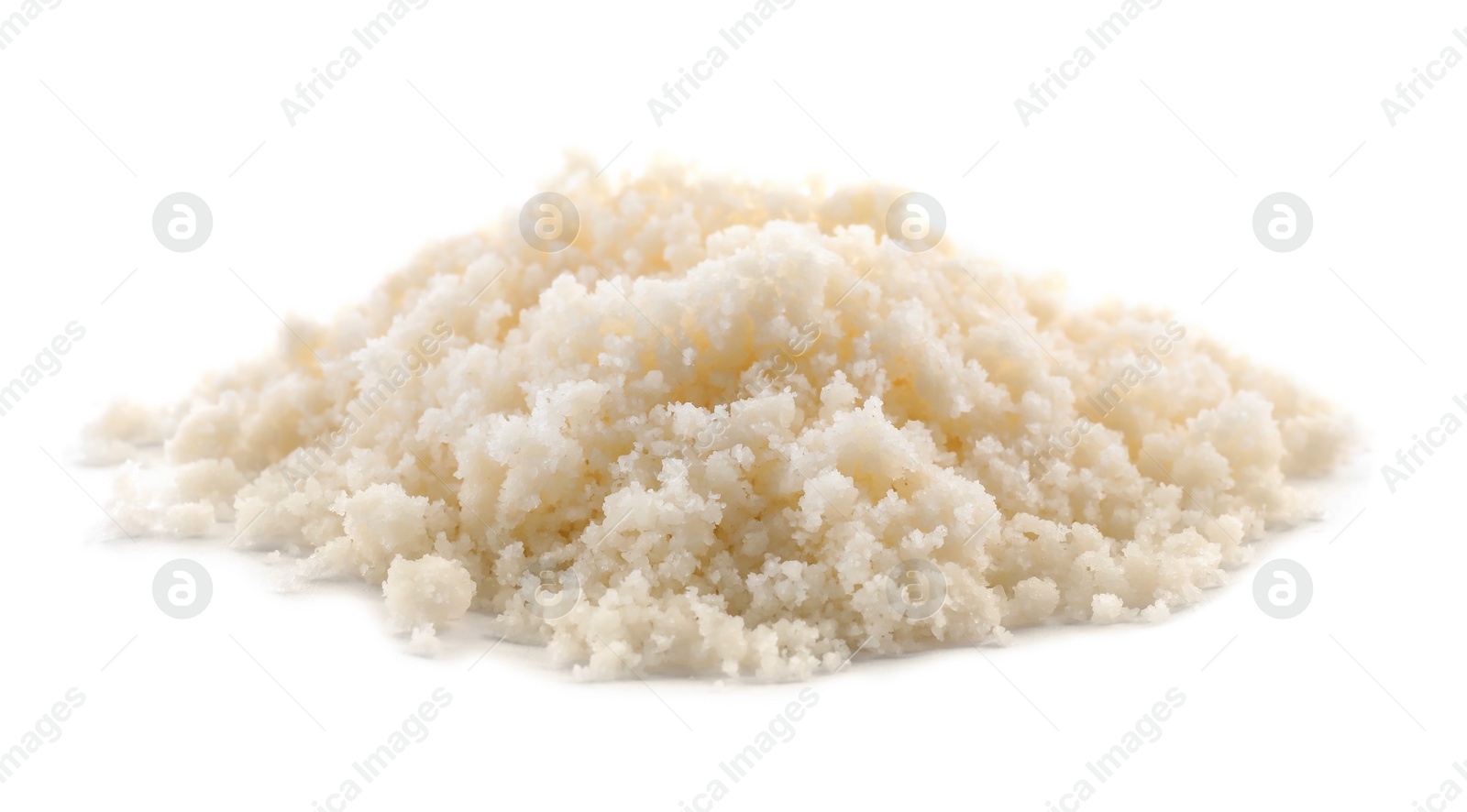 Photo of Pile of grated parmesan cheese isolated on white