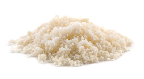 Photo of Pile of grated parmesan cheese isolated on white