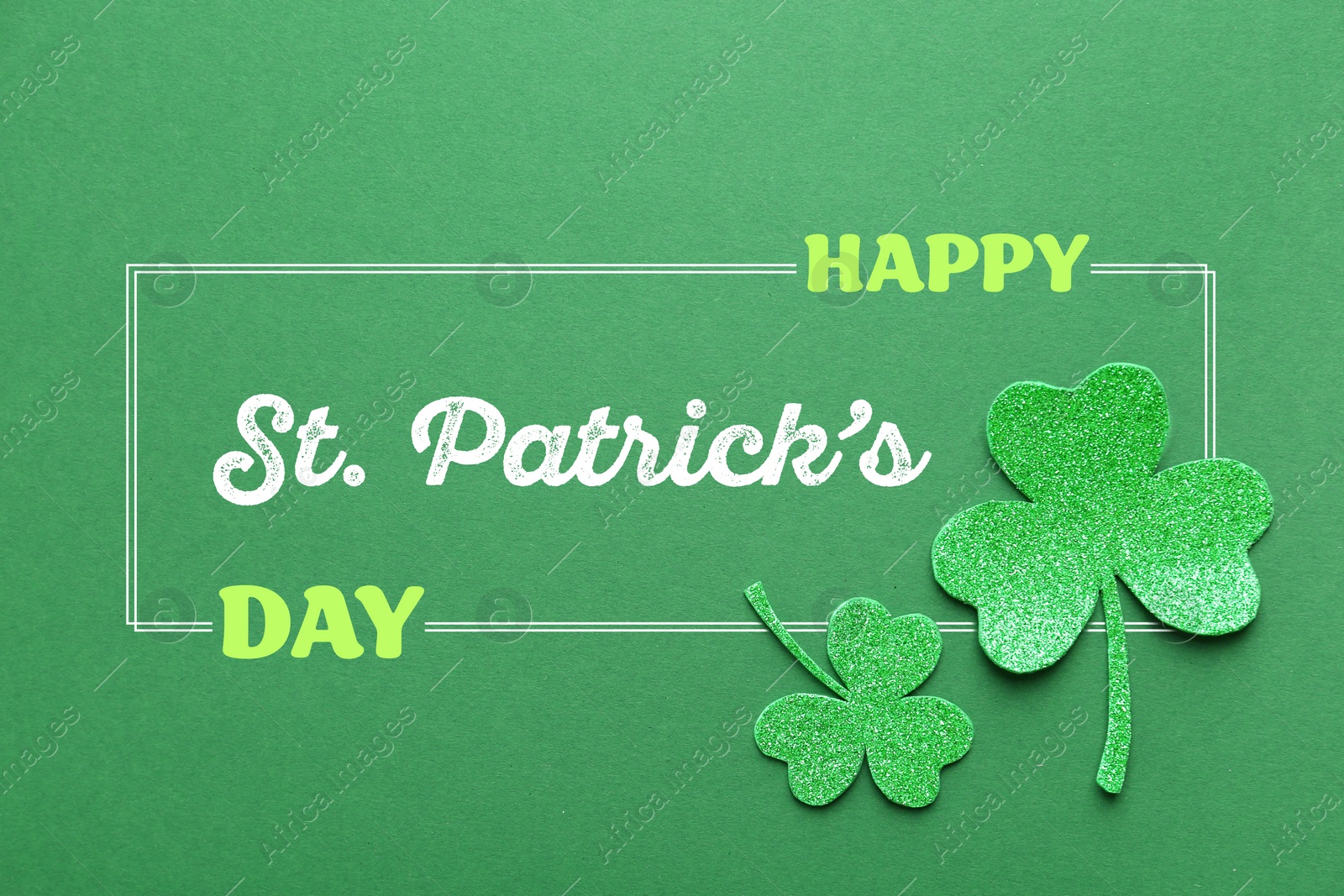 Image of Happy St. Patrick's day card. Decorative clover leaves and text on green background, top view