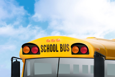 Yellow school bus outdoors, closeup. Transport for students