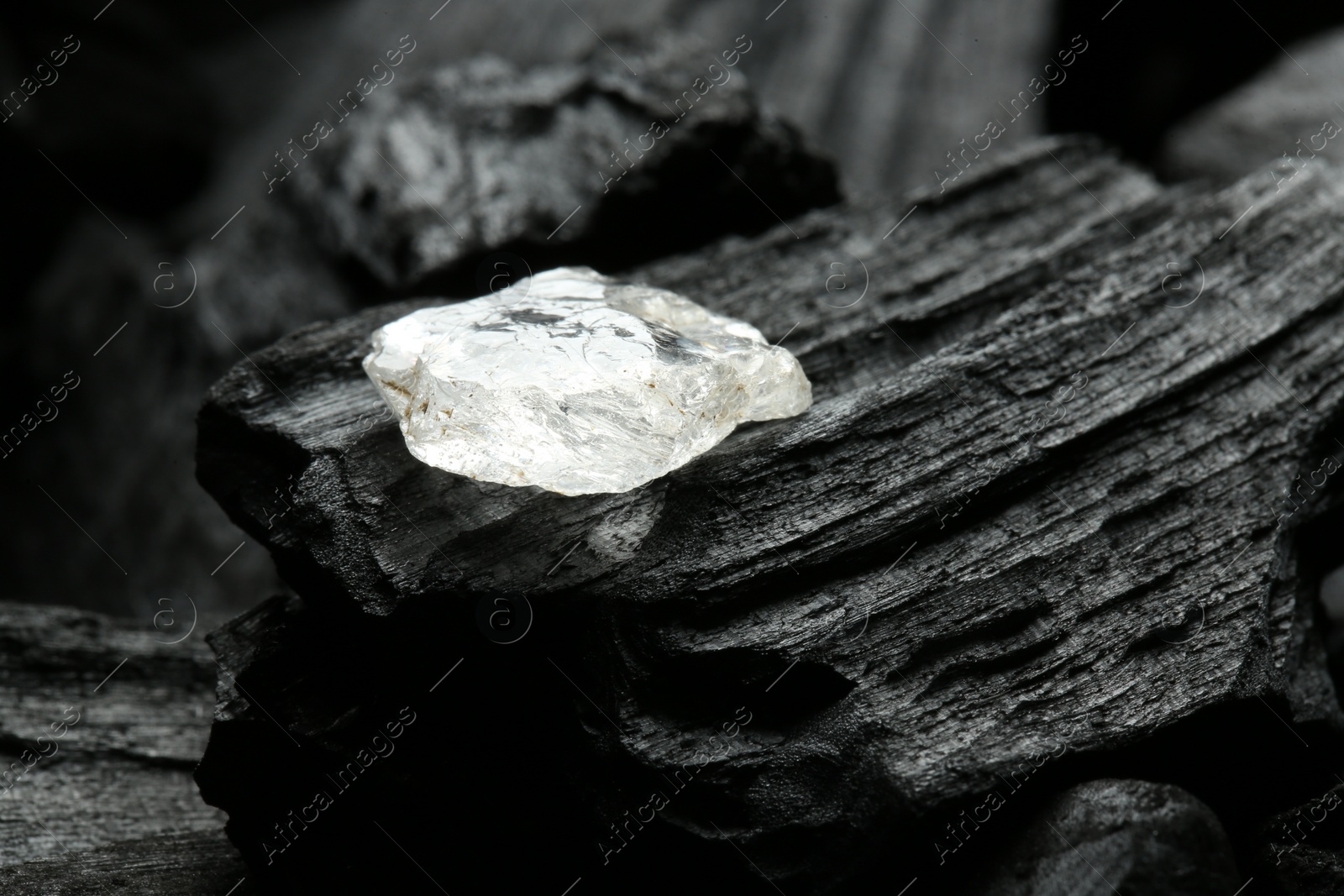 Photo of Beautiful shiny diamond on coal, closeup view