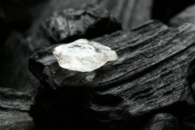 Beautiful shiny diamond on coal, closeup view