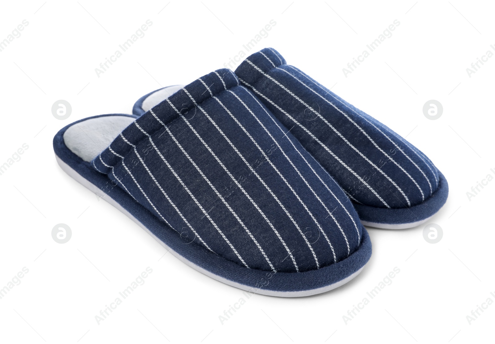 Photo of Pair of striped slippers isolated on white