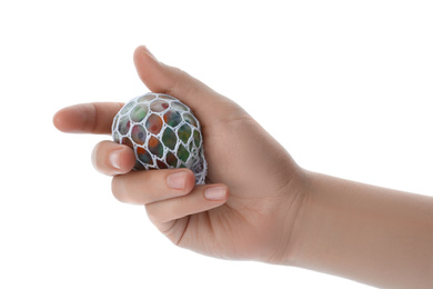 Woman squeezing colorful slime isolated on white, closeup. Antistress toy