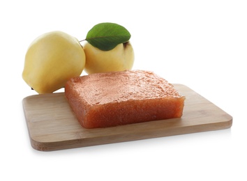 Photo of Delicious quince paste and fresh fruits on white background