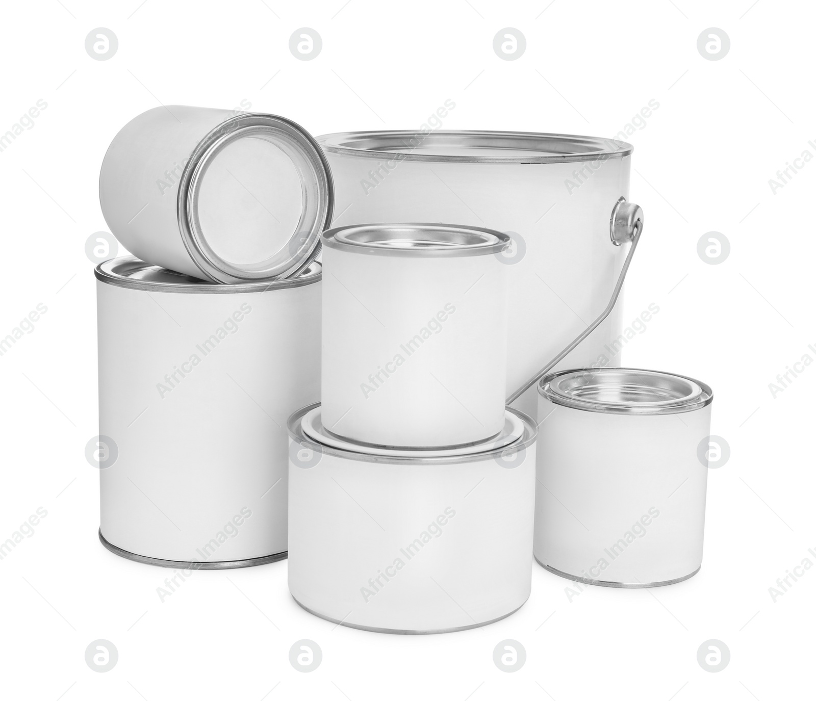 Photo of Closed blank cans of paint isolated on white