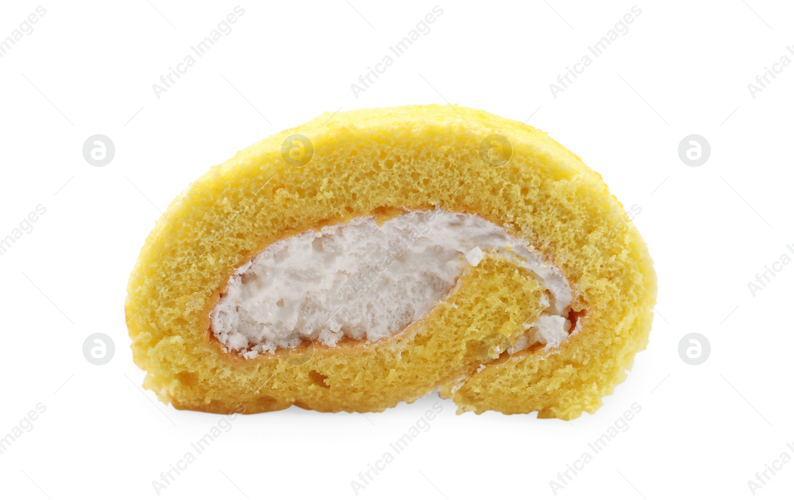 Photo of Piece of delicious cake roll isolated on white