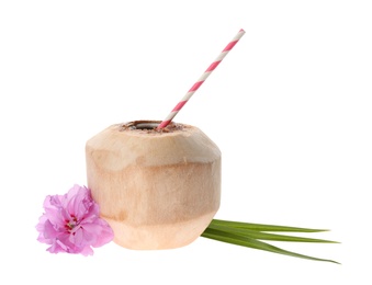 Photo of Young peeled coconut with straw, palm leaf and beautiful flower isolated on white