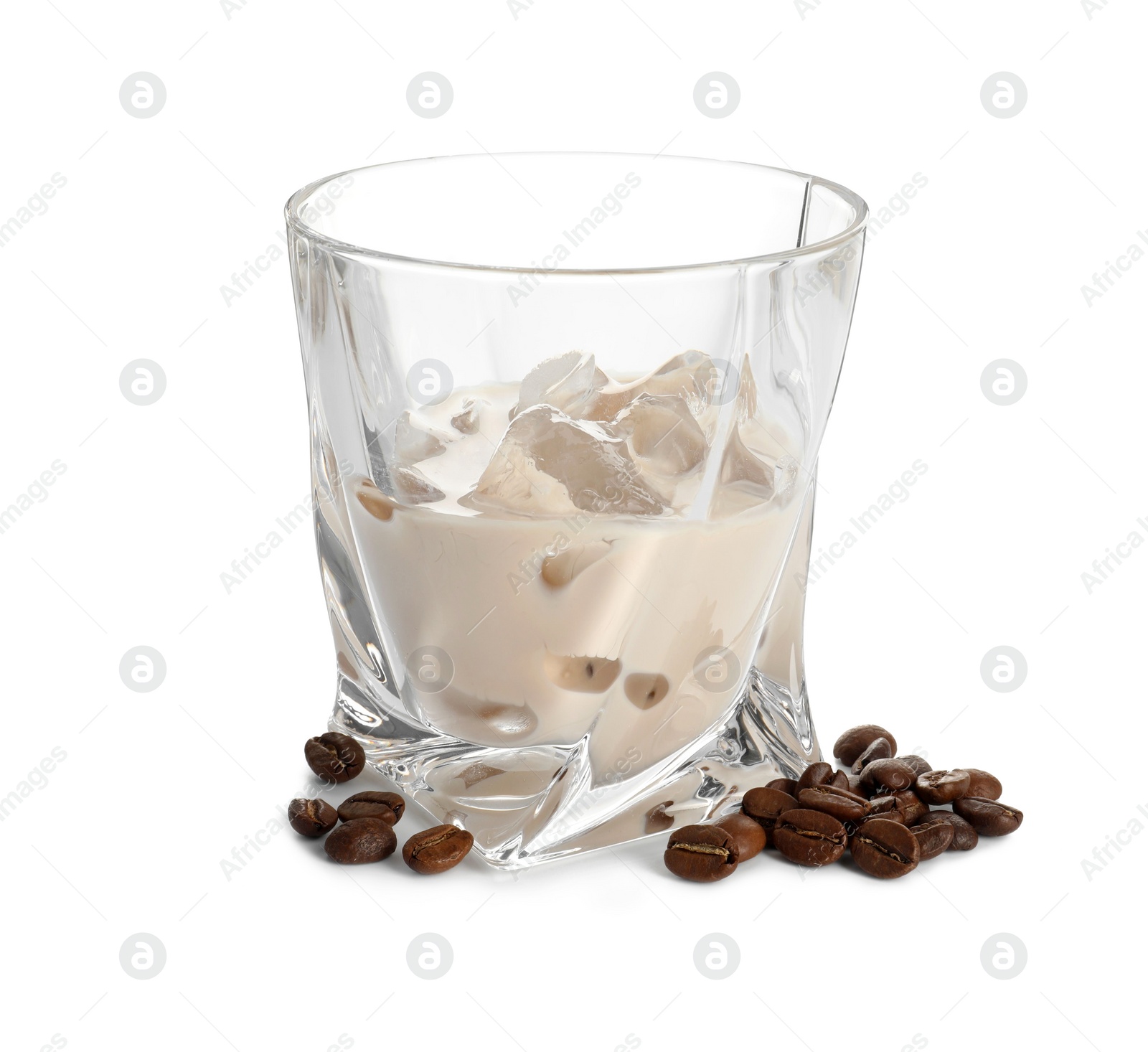 Photo of Glass of coffee cream liqueur with ice cubes and beans isolated on white