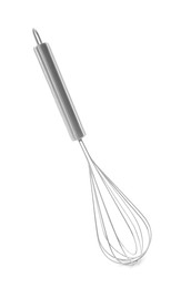 Photo of Metal whisk isolated on white. Kitchen utensil