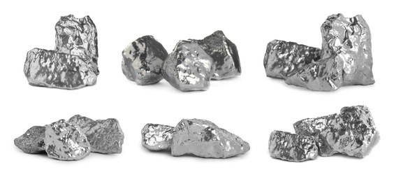 Image of Set of silver nuggets on white background