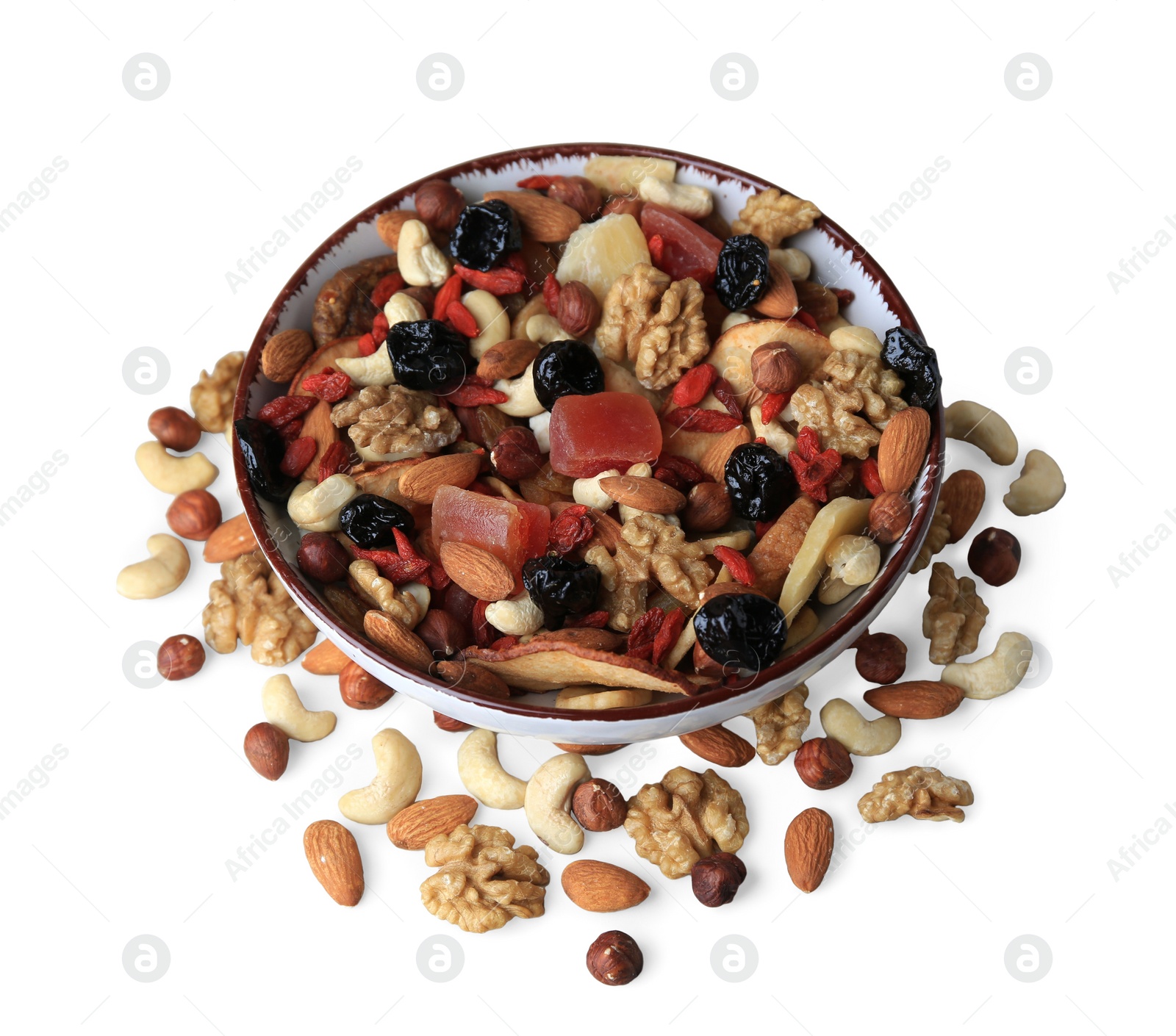 Photo of Bowl with mixed dried fruits and nuts on white background