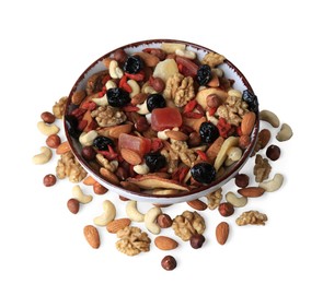 Bowl with mixed dried fruits and nuts on white background