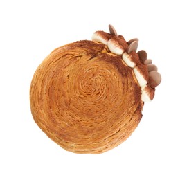 Photo of Round croissant with chocolate chips and cream isolated on white, top view. Tasty puff pastry