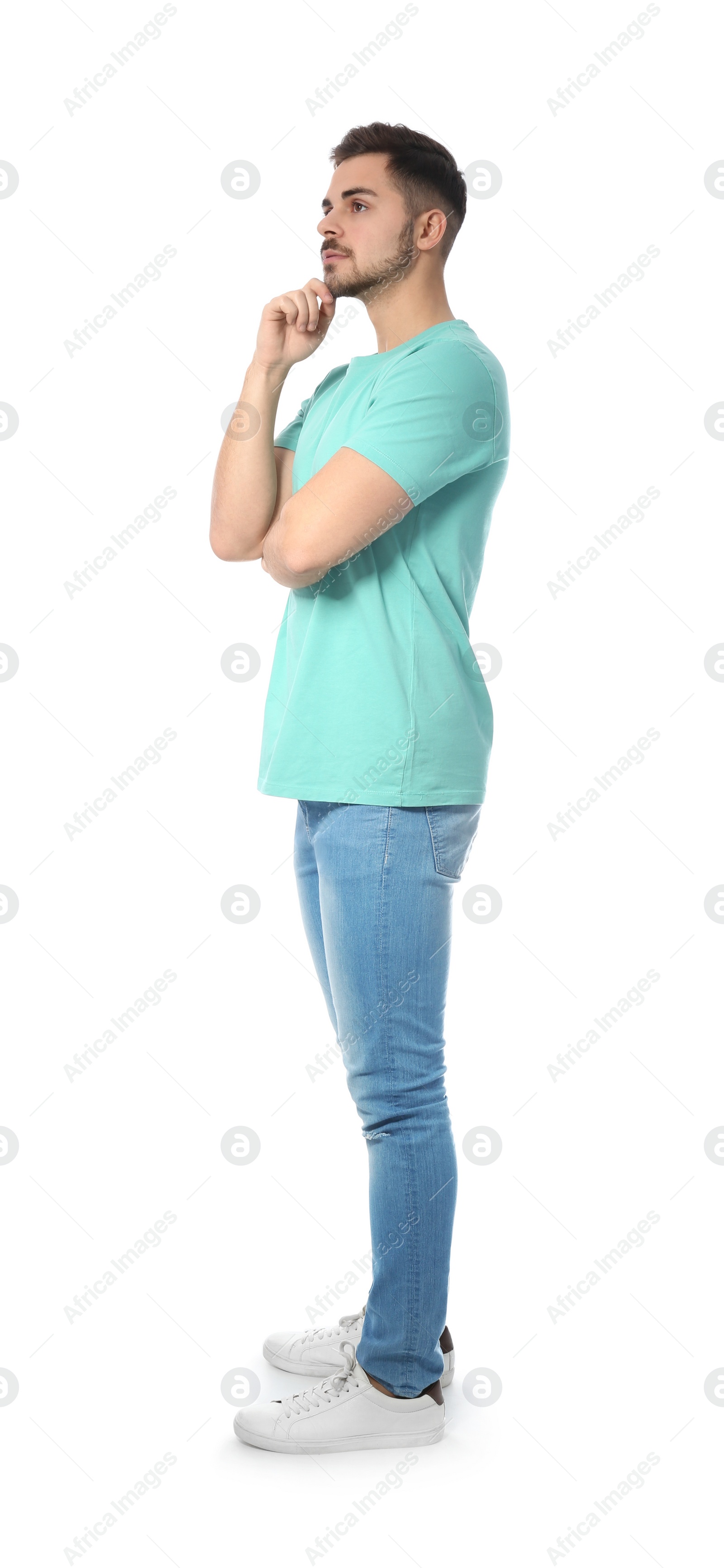 Photo of Full length portrait of pensive man on white background