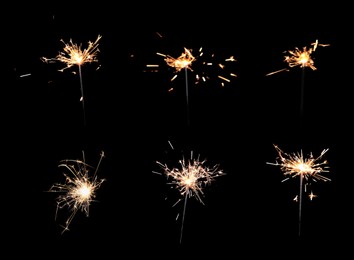 Image of Collage with bright burning sparklers on black background