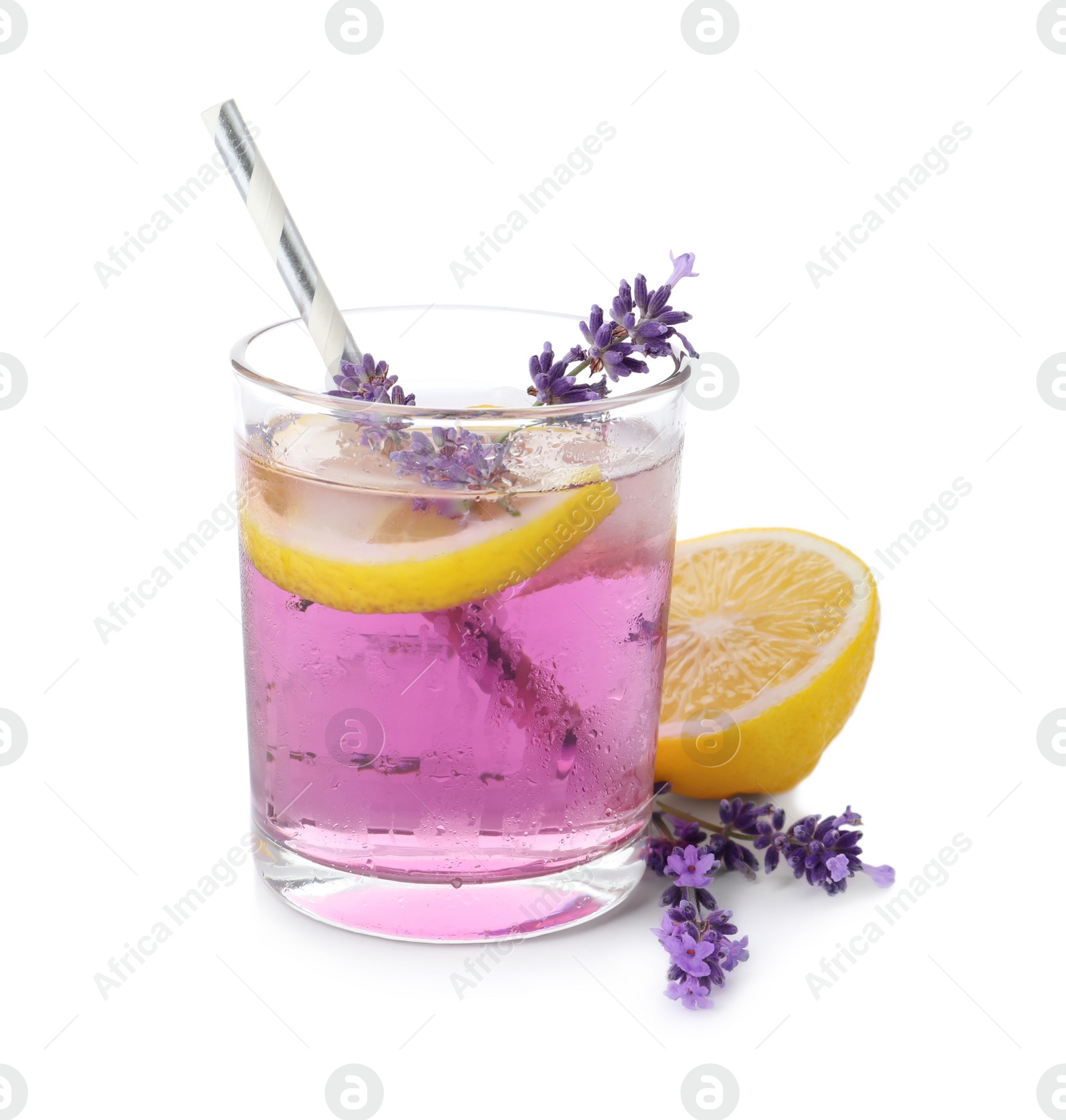 Photo of Fresh delicious lemonade with lavender and straw on white background