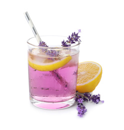 Photo of Fresh delicious lemonade with lavender and straw on white background