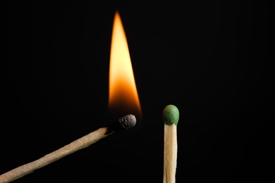 Photo of Lit and whole matches on black background, closeup