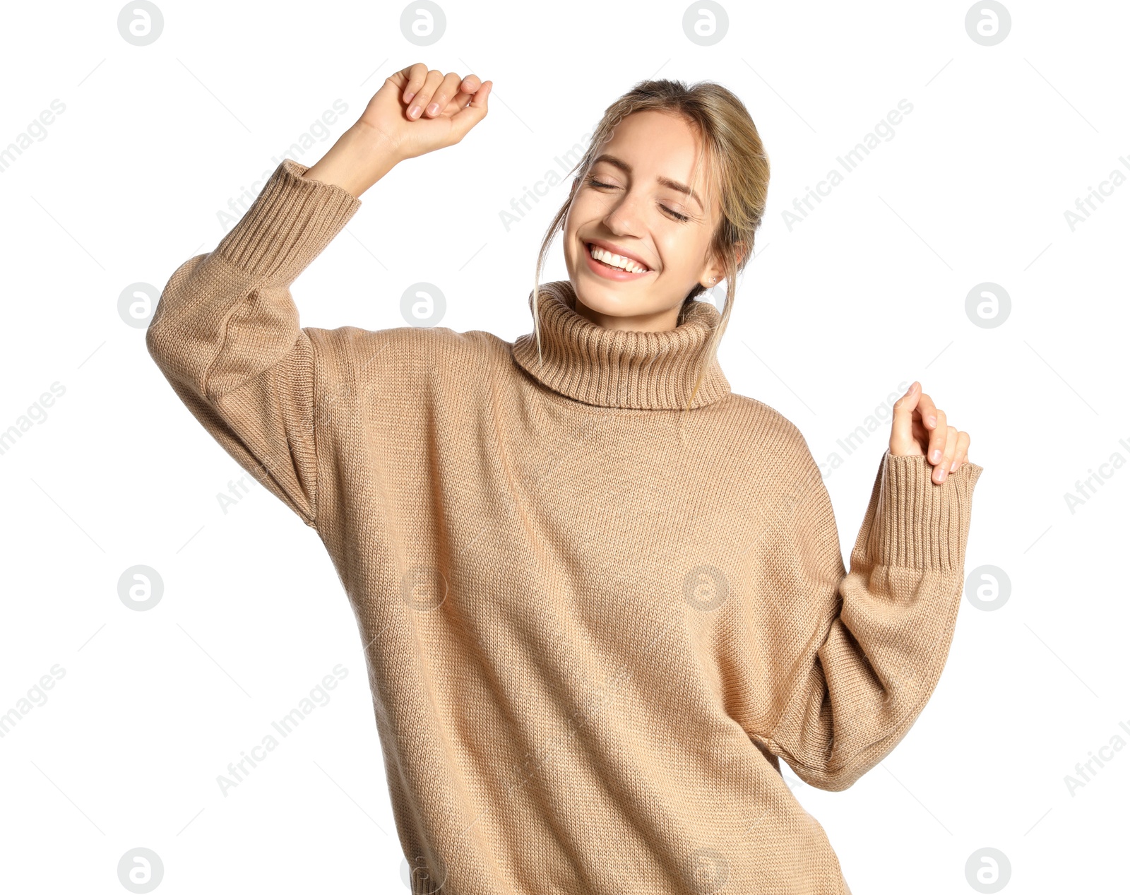 Photo of Beautiful young woman wearing knitted sweater on white background