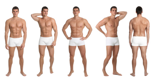 Collage of man with sexy body on white background. Banner design