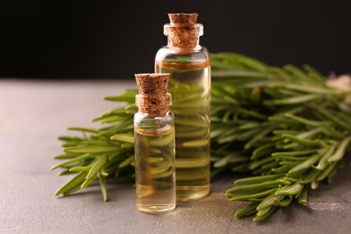 Photo of Essential oil in bottles and rosemary on grey table, closeup