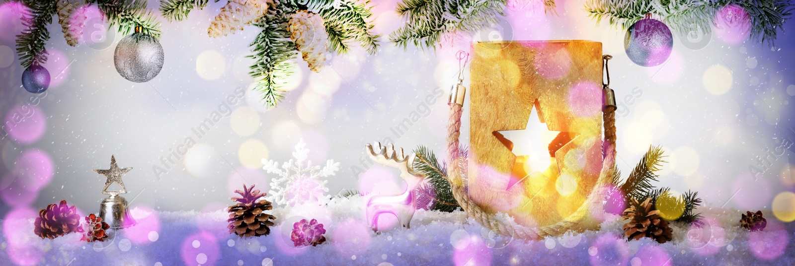 Image of Composition with wooden Christmas lantern on snow against color background, banner design. Bokeh effect